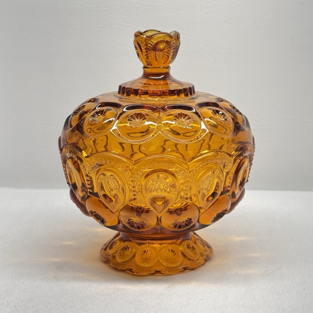 L.E. Smith Candy Dish Amber Vintage Moon and Star Glass Pedestal Lidded MCM Bowl
